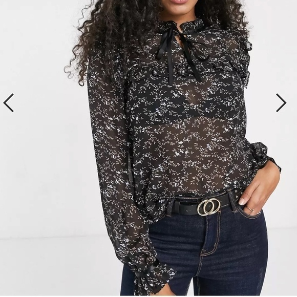Pieces Chiffon Blouse with Tie Neck - Black Ditsy Floral - Size XL - Picture 2 of 8